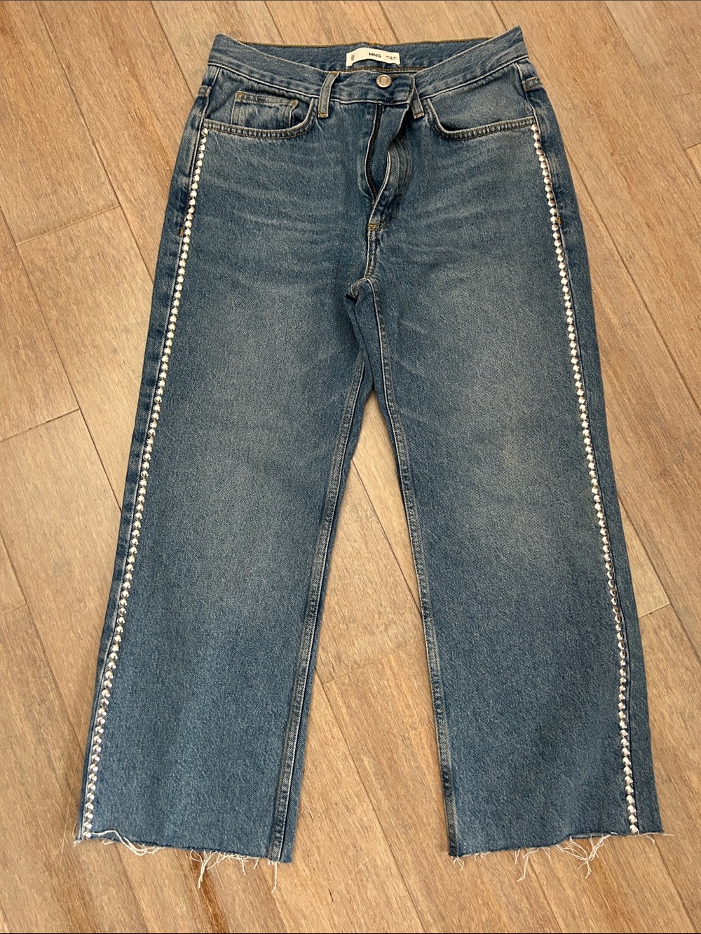 Mango MNG Women’s Studded Side Trim Blue Straight Jeans size 38 waist 29”